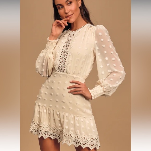 LLulus Lust or Love Cream Embroidered Lace Long Sleeve Dress Size Medium - Picture 3 of 11